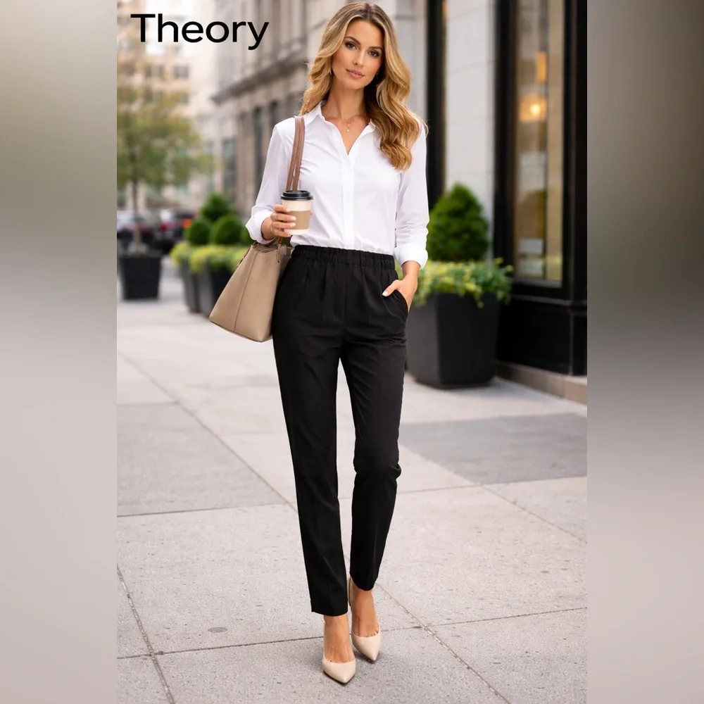 Theory,Eco-Crunch Wash, Pull-On Tailored Trouser Black Minimalist Pant,Size 4